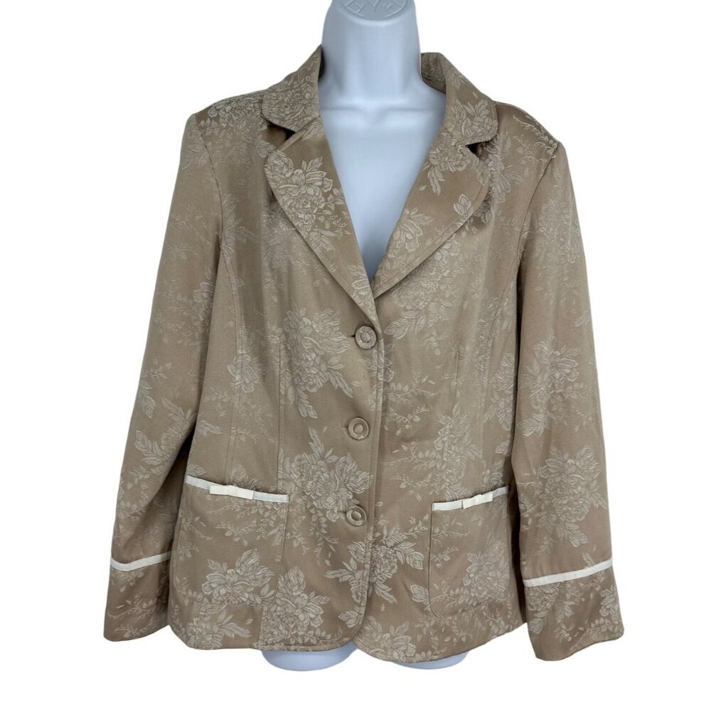 Susan Graver Style Blazer Womens Tan Cream Gold Floral Bows Size L